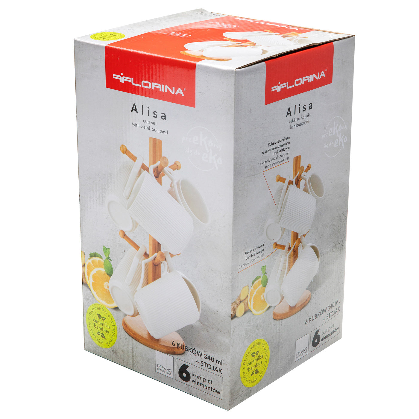 Kubek na stojaku bambusowym alisa 340 ml 6szt. zes. biały