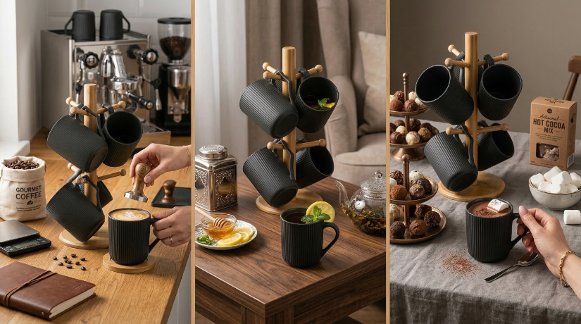 Kubek na stojaku bambusowym alisa 340 ml 6szt. zes. czarny