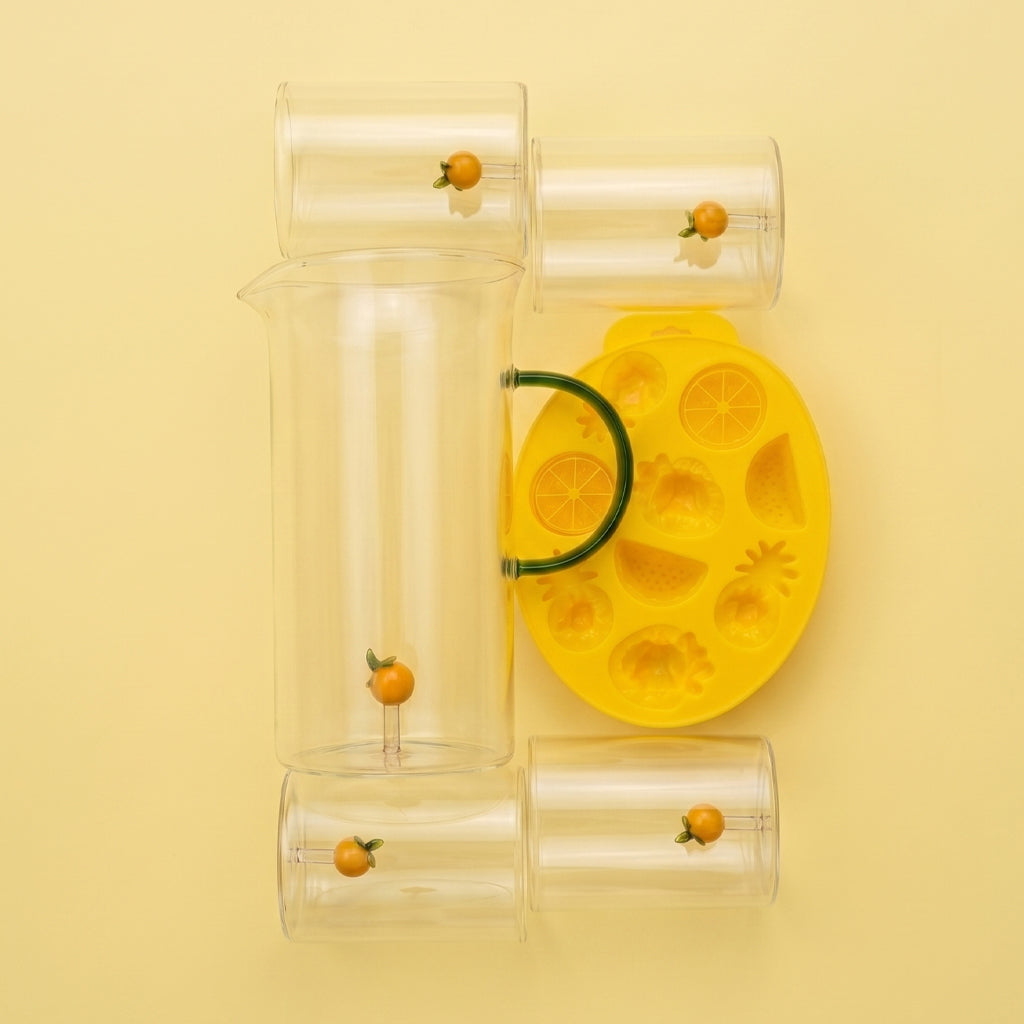 Czas na Lemoniadę - zestaw 4x szklanki Glasio 280 ml + dzbanek Glasio 1,4 ml + foremka na kostki lodu silikonowa 22,5x17cm Amarelo