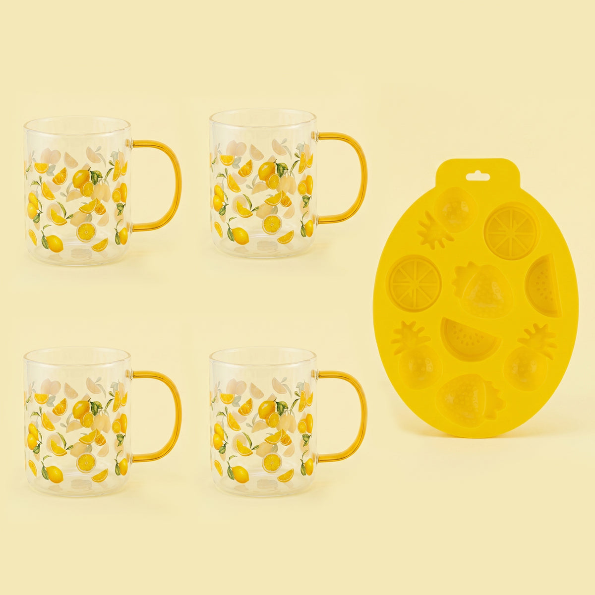 Bambini - zestaw 4 x kubek szklany Citrini 400ml + foremka na kostki lodu silikonowa 22,5x17cm Amarelo