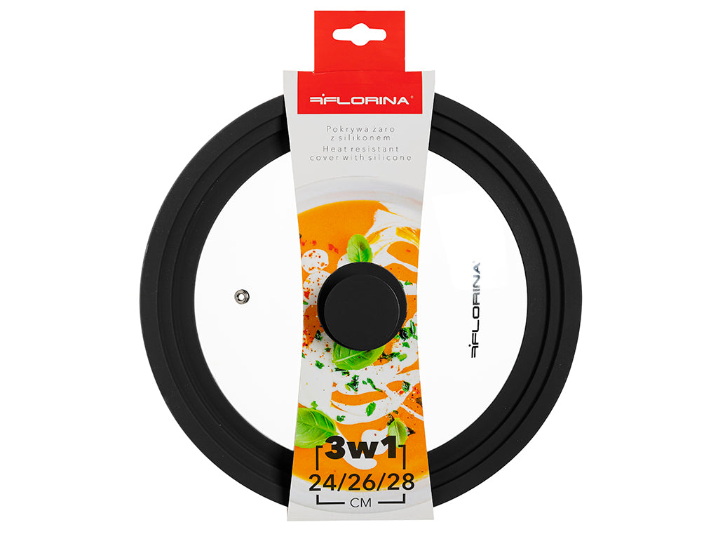 Pokrywa szkło żaroodporne 3w1 24/26/28cm z silikonem czarny