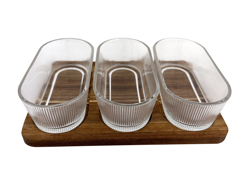 Miseczki do dipów szklane owalne na akacjowej podstawce woodglass 4 el.