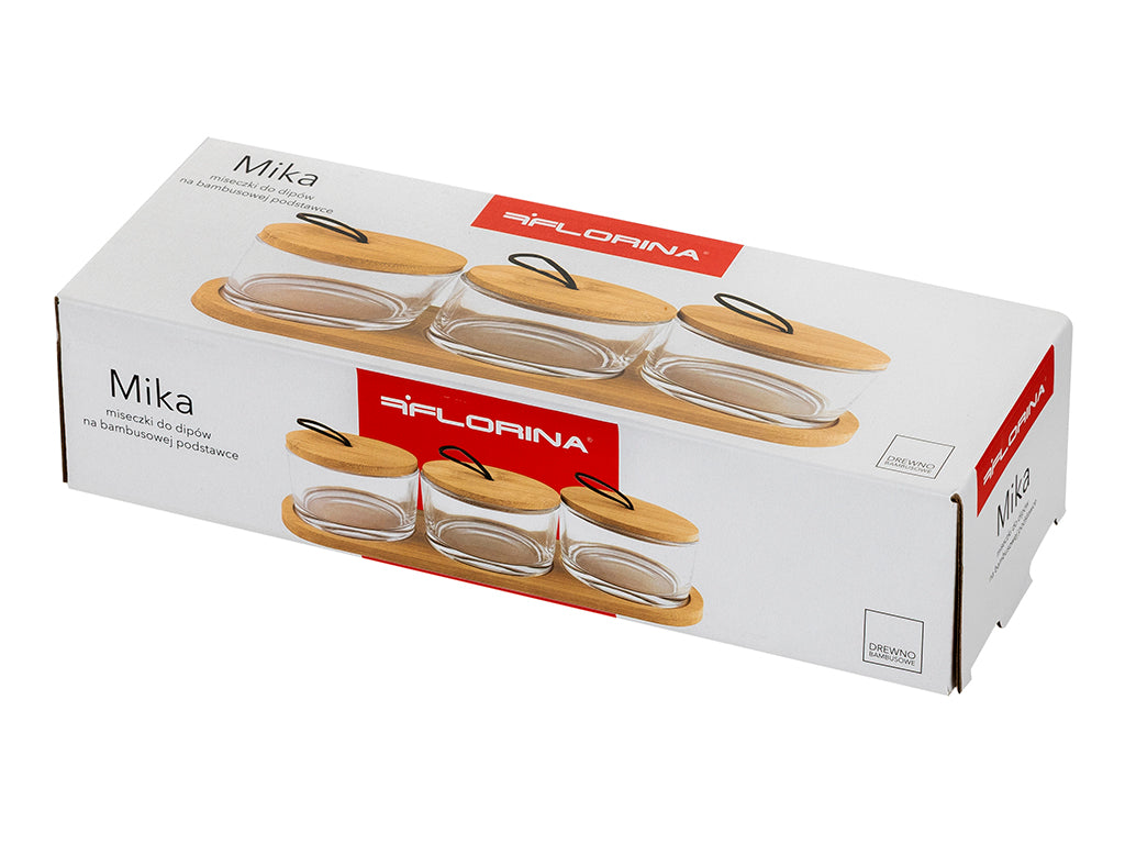 Miseczki do dipów szklane okrągłe na bambusowej podstawce mika kpl3 z/p