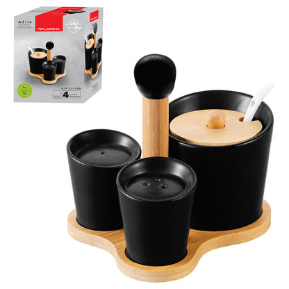 Cukiernica, solniczka i pieprzniczka na bambusowej podstawce adria zestaw czarny
