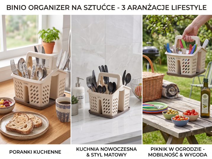 Ociekacz do sztućców z rączką plastikowy binio kremowy