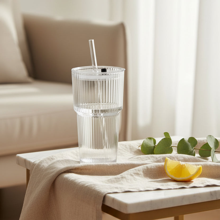 SZKLANKA VETRINO RYFLOWANA Z POKRYWKĄ I SŁOMKĄ 540ML