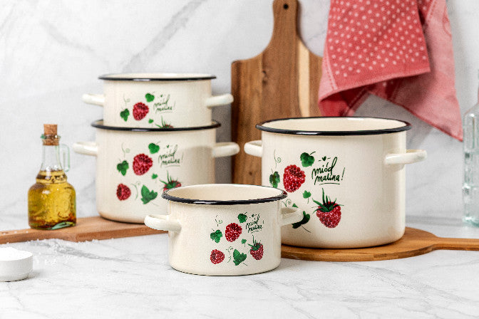 Garnek emaliowany Emalia Polska Pleszew Malina 16 cm 2 l kremowy