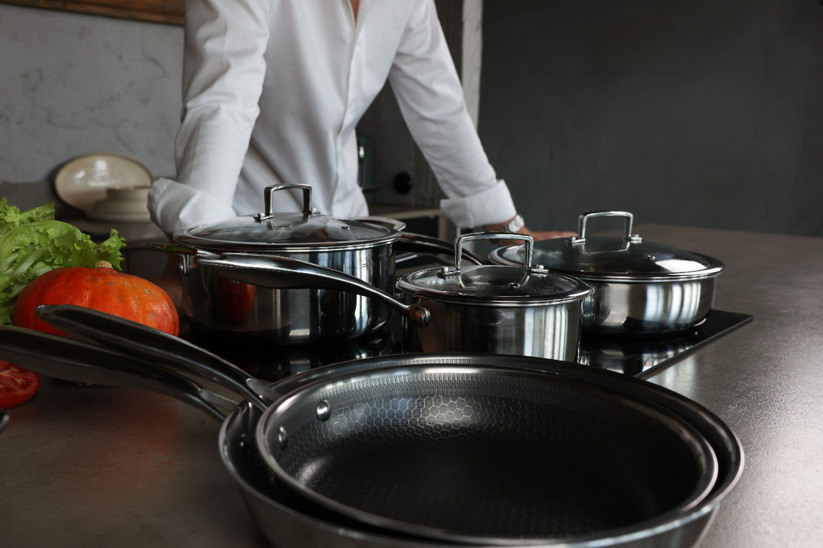 Zestaw 5 elementowy komplet garnków i patelni Florina Aristo Plus srebrny | stal nierdzewna| powłoka non-stick | wszystkie typy kuchenek |do piekarnika