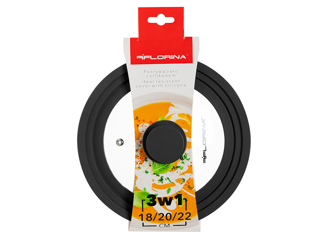 Pokrywa szkło żaroodporne 3w1 18/20/22cm z silikonem czarny