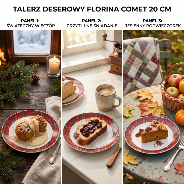 Talerz deserowy Florina Comet 20 cm porcelana świąteczna czerwona krata