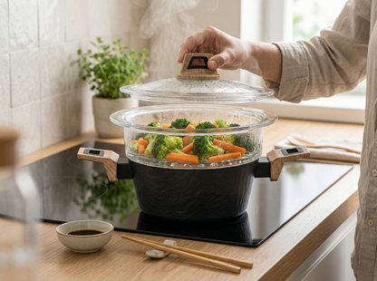 Garnek aluminiowy do gotowania na parze japandi 20cm 1,9l z sitem szklanym