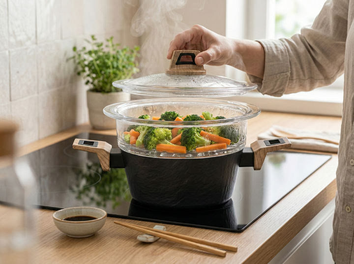 Garnek aluminiowy do gotowania na parze japandi 20cm 1,9l z sitem szklanym