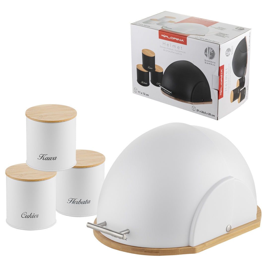 Zestaw 4 elementowy helmet chlebak 37x26x22 cm w zestawie z 3 pojemnikami na artykuły sypkie biały