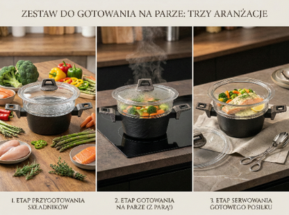Garnek aluminiowy do gotowania na parze japandi 20cm 1,9l z sitem szklanym