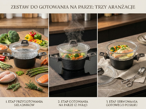 Garnek aluminiowy do gotowania na parze japandi 20cm 1,9l z sitem szklanym