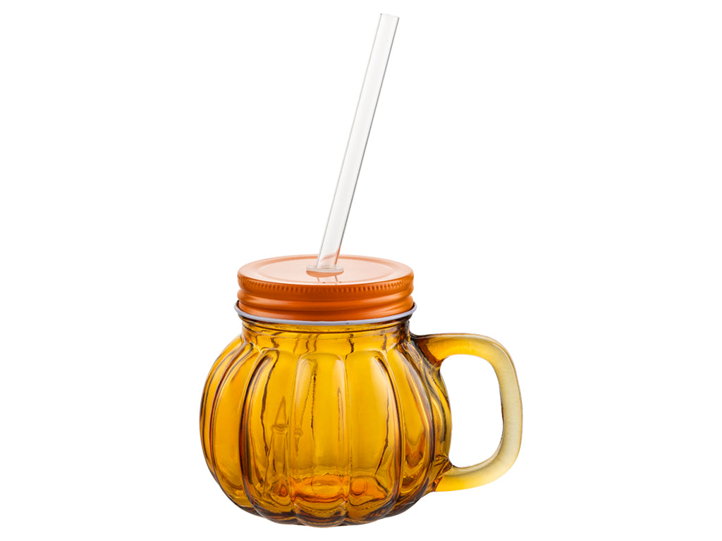 KUBEK SZKLANY Z POKRYWKĄ I SŁOMKĄ PUMPKIN POP 350ML BURSZTYNOWY