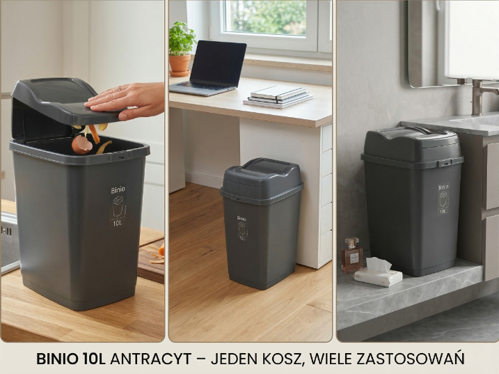 Kosz na śmieci plastikowy zapadowy binio 10l antracytowy