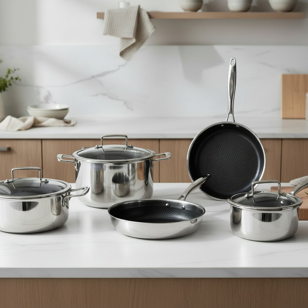 Zestaw 5 elementowy komplet garnków i patelni Florina Aristo Plus srebrny | stal nierdzewna| powłoka non-stick | wszystkie typy kuchenek |do piekarnika