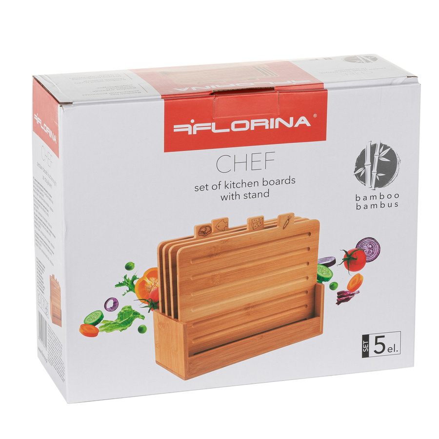 Zestaw 4 desek kuchennych bambusowych ze stojakiem Florina Chef