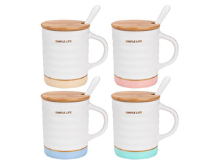 Kubek ceramiczny z pokrywką i łyżeczką Florina Pastele 350 ml