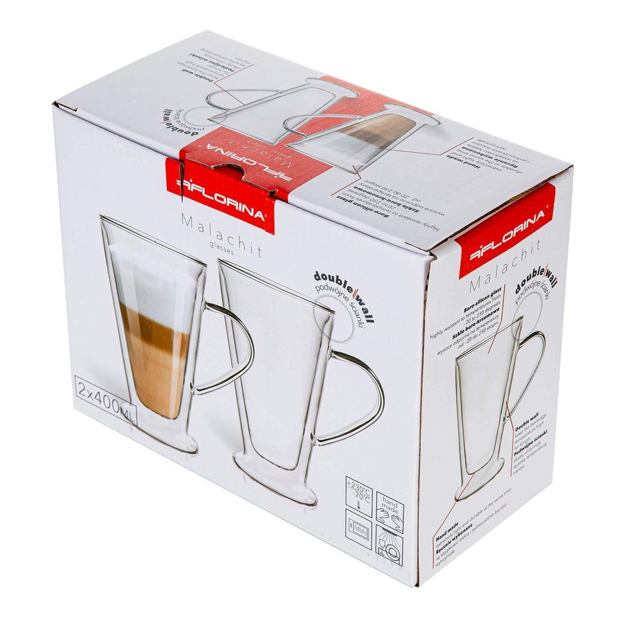 Zestaw 6 sztuk Szklanki termiczne z uchem stożek double wall Florina Malachit 400 ml