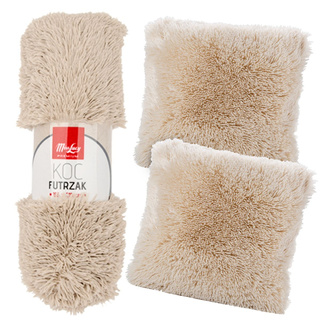 Zestaw Miss Lucy Futrzak Koc 150x210 cm + 2 x Poszewka 40x40 cm beżowa