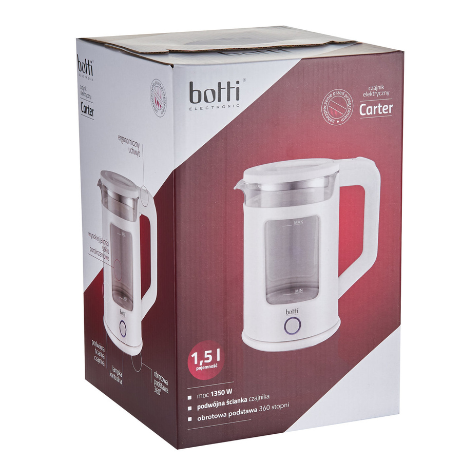 Czajnik elektryczny szklany Botti Electronic Carter 1,5 l 1350 W biały