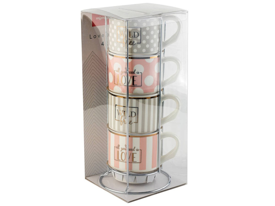 Zestaw 4 kubków porcelanowych na metalowym stojaku Florina Love and Wild 330 ml