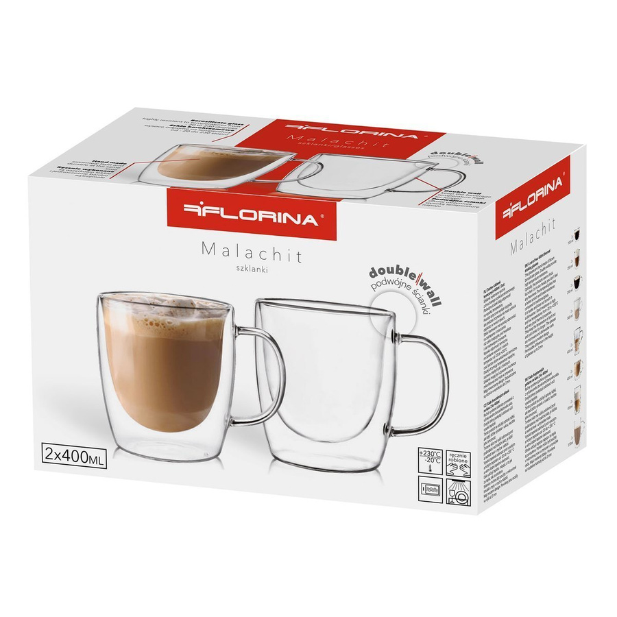 Zestaw 6 sztuk Szklanki termiczne z uchem double wall Florina Malachit 400 ml