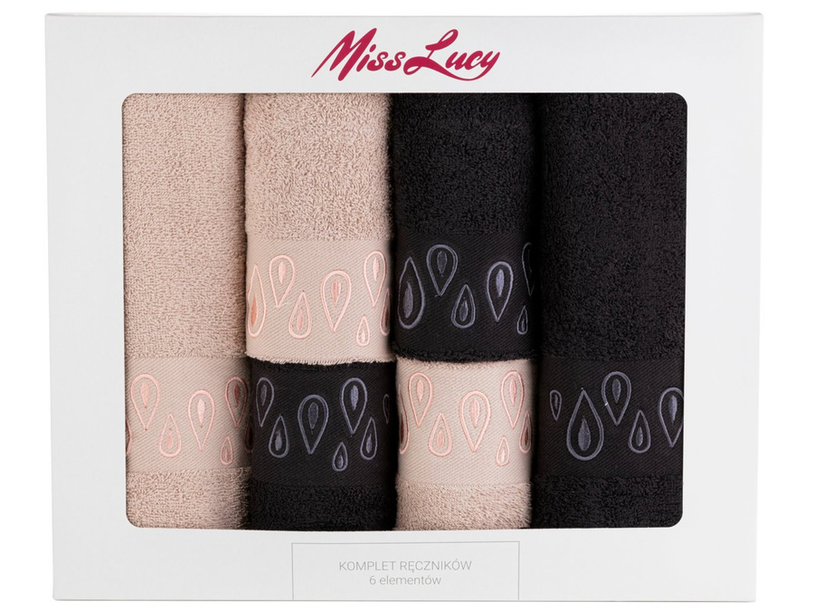 Komplet ręczników bawełnianych Miss Lucy Soltare 2x30x50cm, 2x50x90 cm, 2x70x140 cm 6 elementów czerń i beż 