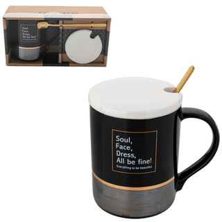 Kubek porcelanowy z pokrywką i łyżeczką Florina Pearl Black 350 ml