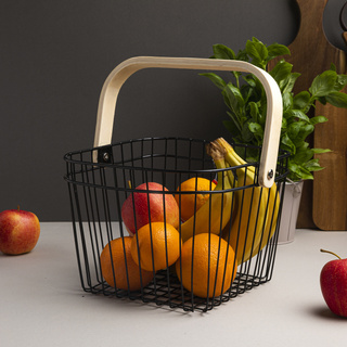 Metalowy kosz na owoce z drewnianą rączką Florina 25x25x18,5 cm czarny