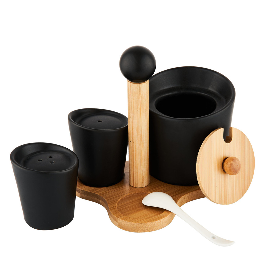 Zestaw cukiernica, solniczka i pieprzniczka na bambusowej podstawce Florina Adria czarny