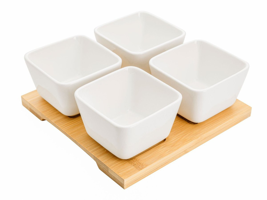 Komplet 4 miseczek do dipów na bambusowej podstawce Florina Adria kwadratowe
