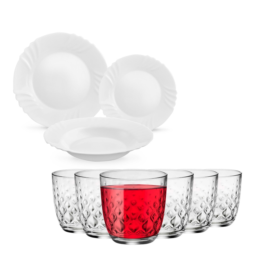 Talerze obiadowe Bormioli Rocco Ebro 18 elementów oraz komplet szklanek do soków Bormioli Rocco Glit 300 ml 