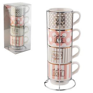 Zestaw 4 kubków porcelanowych na metalowym stojaku Florina Love and Wild 330 ml