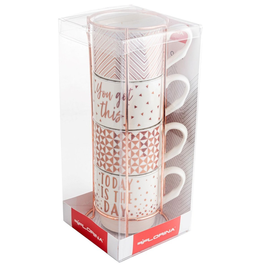Zestaw 4 kubków porcelanowych 330 ml na stojaku Florina Glamour