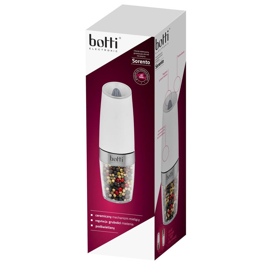 Młynek elektryczny grawitacyjny do soli i pieprzu Botti Electronic Sorento biały