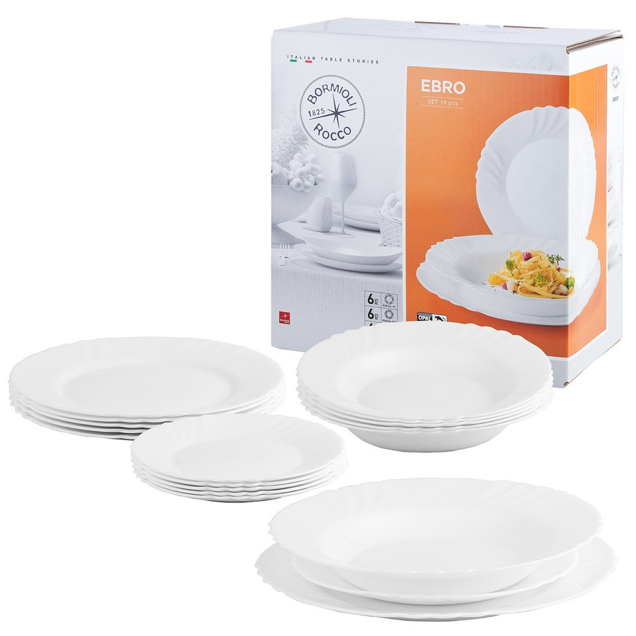 Talerze obiadowe Bormioli Rocco Ebro 18 elementów oraz komplet szklanek do soków Bormioli Rocco Glit 300 ml