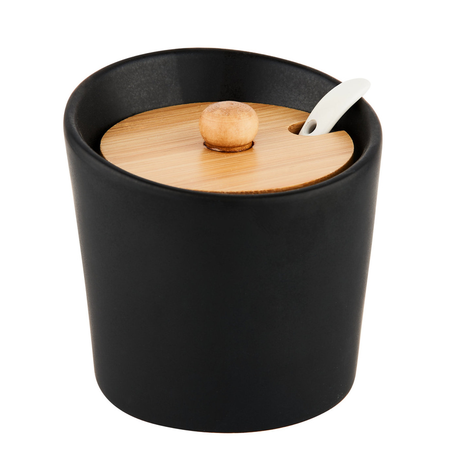 Zestaw cukiernica, solniczka i pieprzniczka na bambusowej podstawce Florina Adria czarny