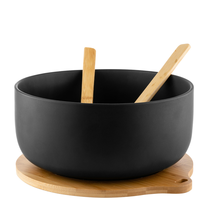 Miska do sałaty na bambusowej podstawie z łyżkami Florina Adria czarna 3,5 l