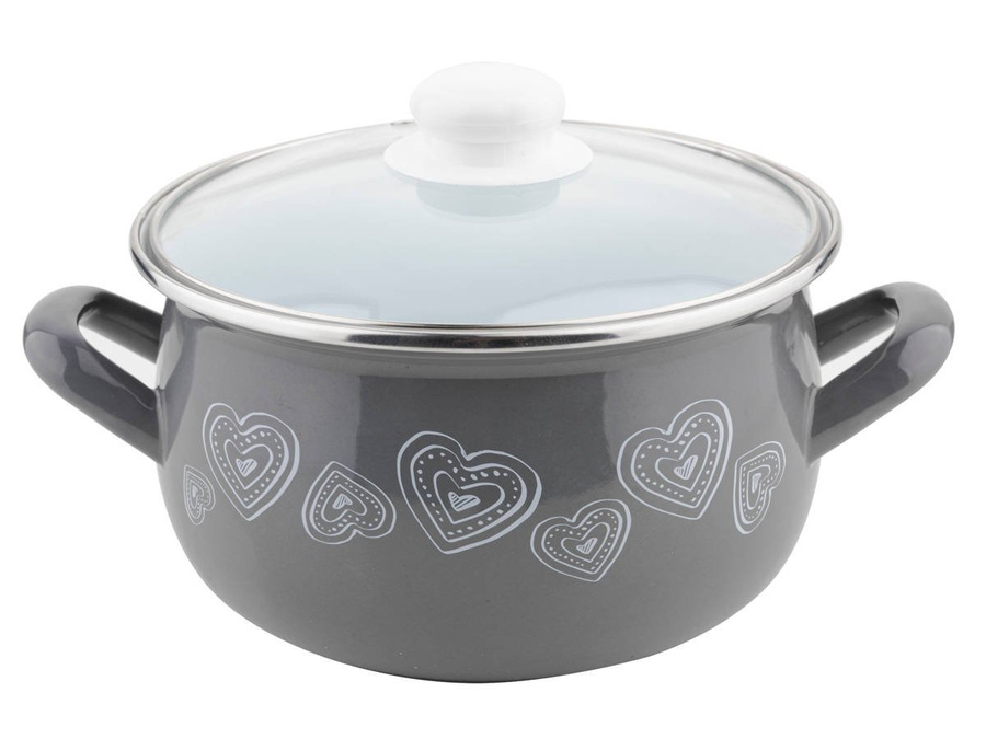 Garnek emaliowany z pokrywką Emalia Polska Pleszew Merrylove szary 16 cm 2,2 l