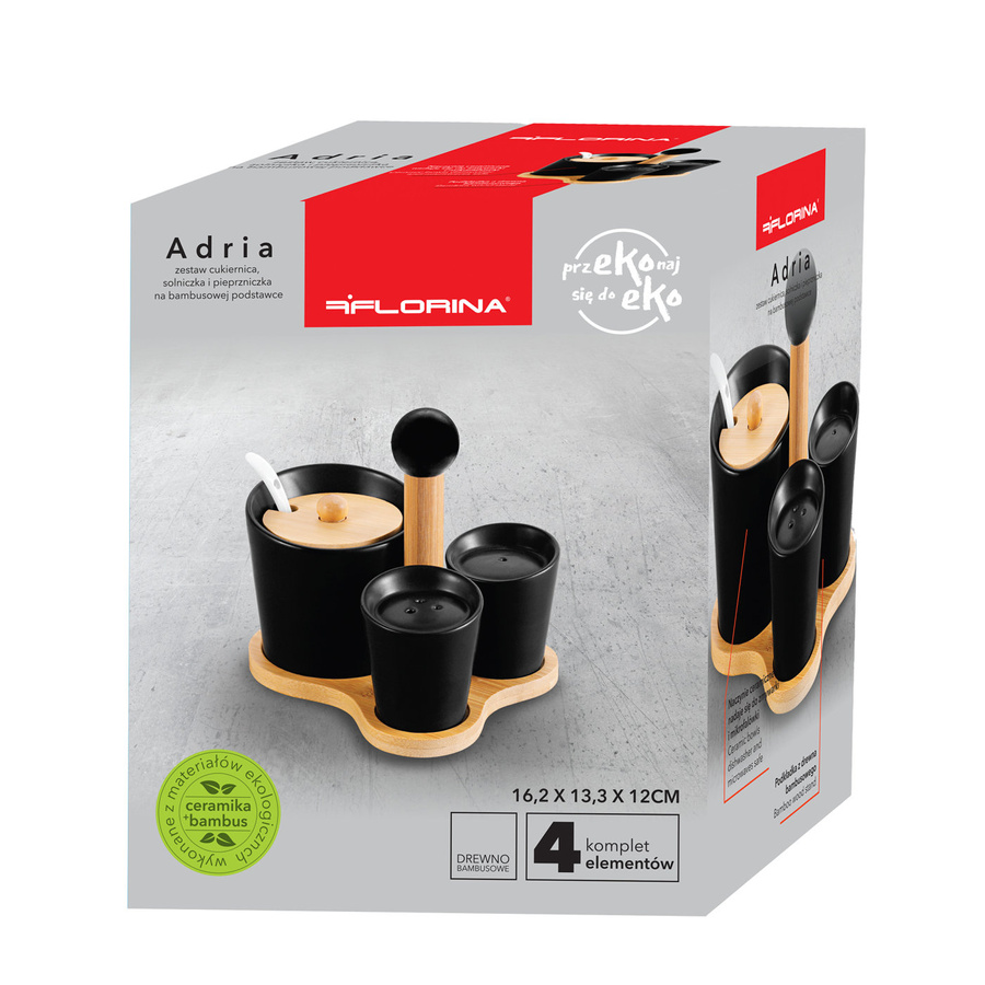 Zestaw cukiernica, solniczka i pieprzniczka na bambusowej podstawce Florina Adria czarny