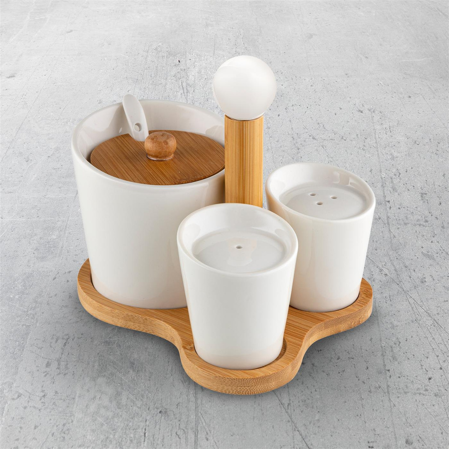 Zestaw cukiernica, solniczka i pieprzniczka na bambusowej podstawce Florina Adria