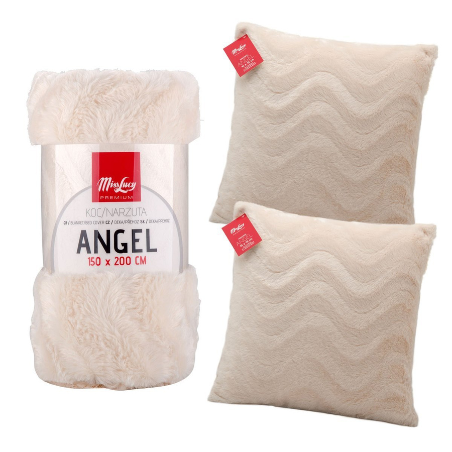 Zestaw Miss Lucy Angel Koc 150x200 cm + 2x Poszewka 45x45 cm kremowa