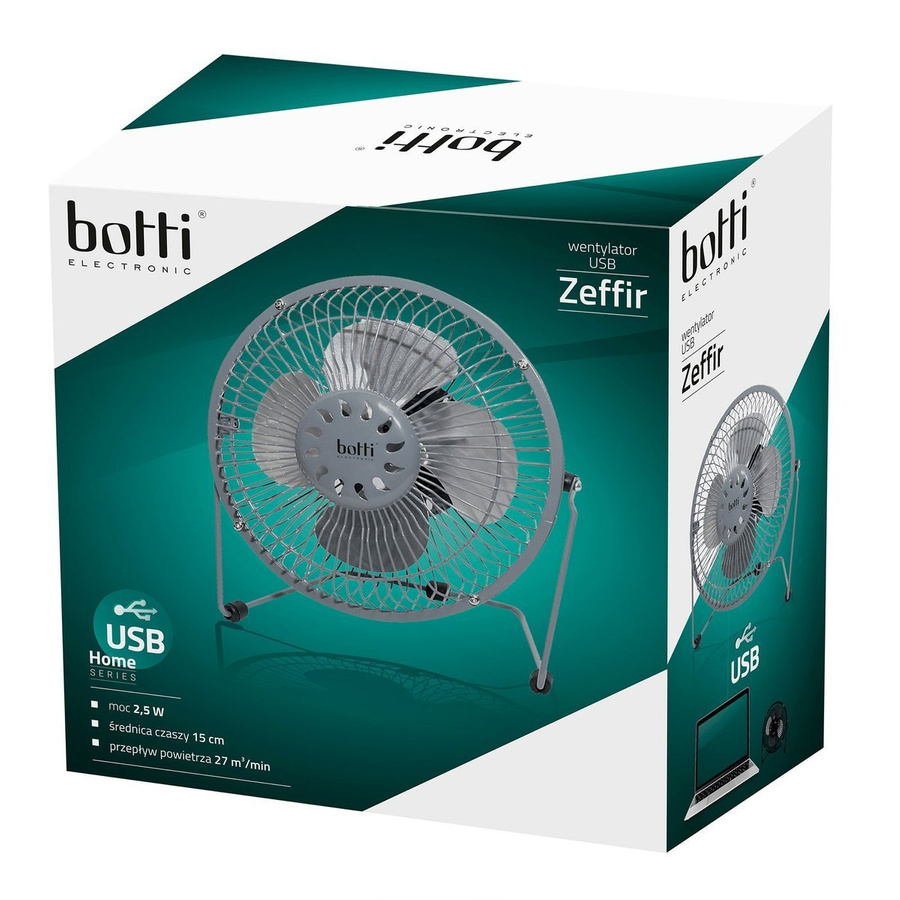Mini wentylator biurkowy USB Botti Electronic Zeffir szary 15 cm moc 2,5 W
