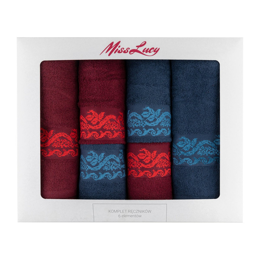 Komplet ręczników bawełnianych z ozdobnym haftem Miss Lucy Embroidery 2x30x50cm, 2x50x90 cm, 2x70x140 cm 6 elementów czerwień i granat 