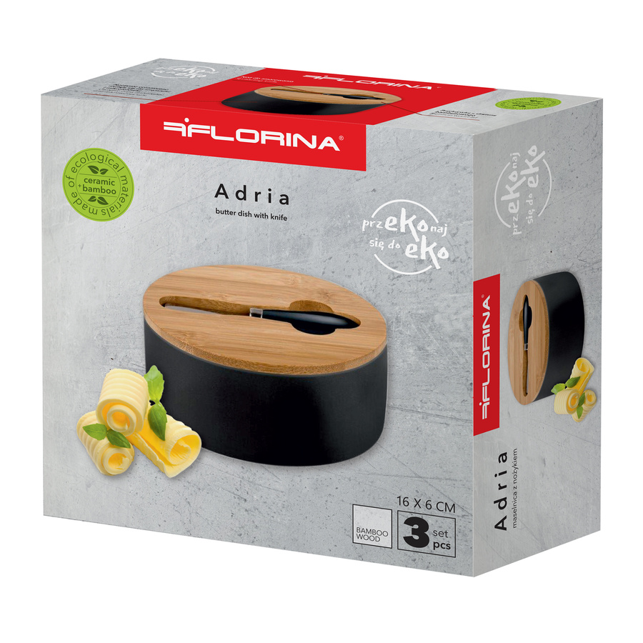 Maselnica z bambusową pokrywką i nożem Florina Adria 16x6 cm czarna