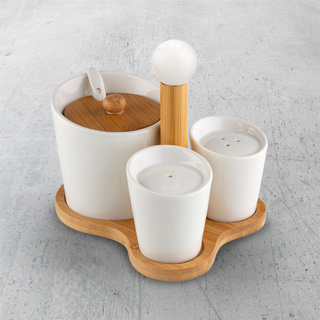 Zestaw cukiernica, solniczka i pieprzniczka na bambusowej podstawce Florina Adria 