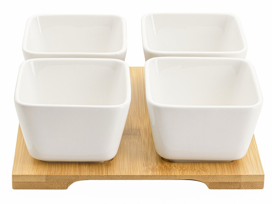 Komplet 4 miseczek do dipów na bambusowej podstawce Florina Adria kwadratowe